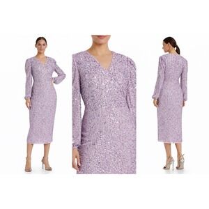 Mac Duggal 107641 Lavender Sequins Illusion Long Sleeve Midi Dress Size 6 $398